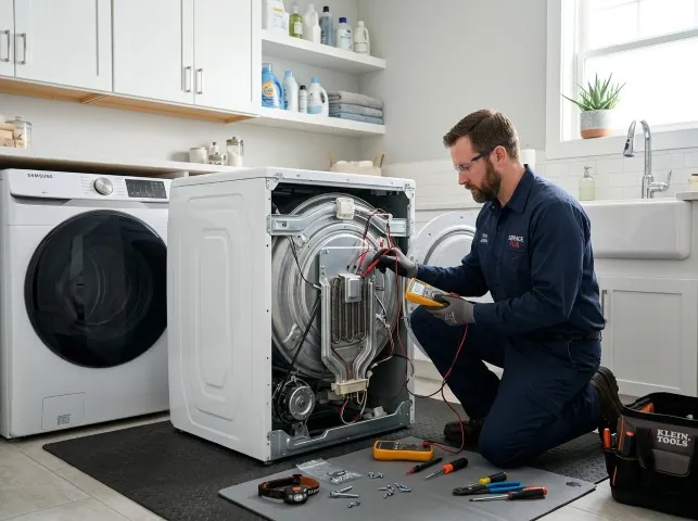 Appliance Repair Hero technician checking a dryer heating element with the rear panel off in Atoka, TN