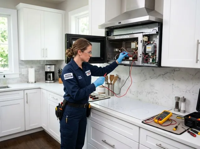 Appliance Repair Hero technician testing an over-the-range microwave in a Atoka, TN kitchen