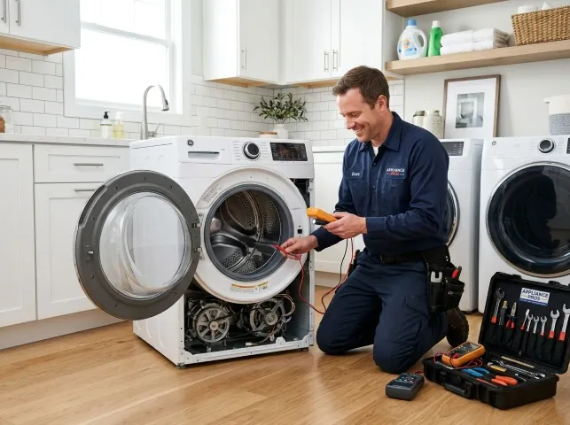 Appliance Repair Hero technician testing a front-load washer with a multimeter on a Atoka, TN service call